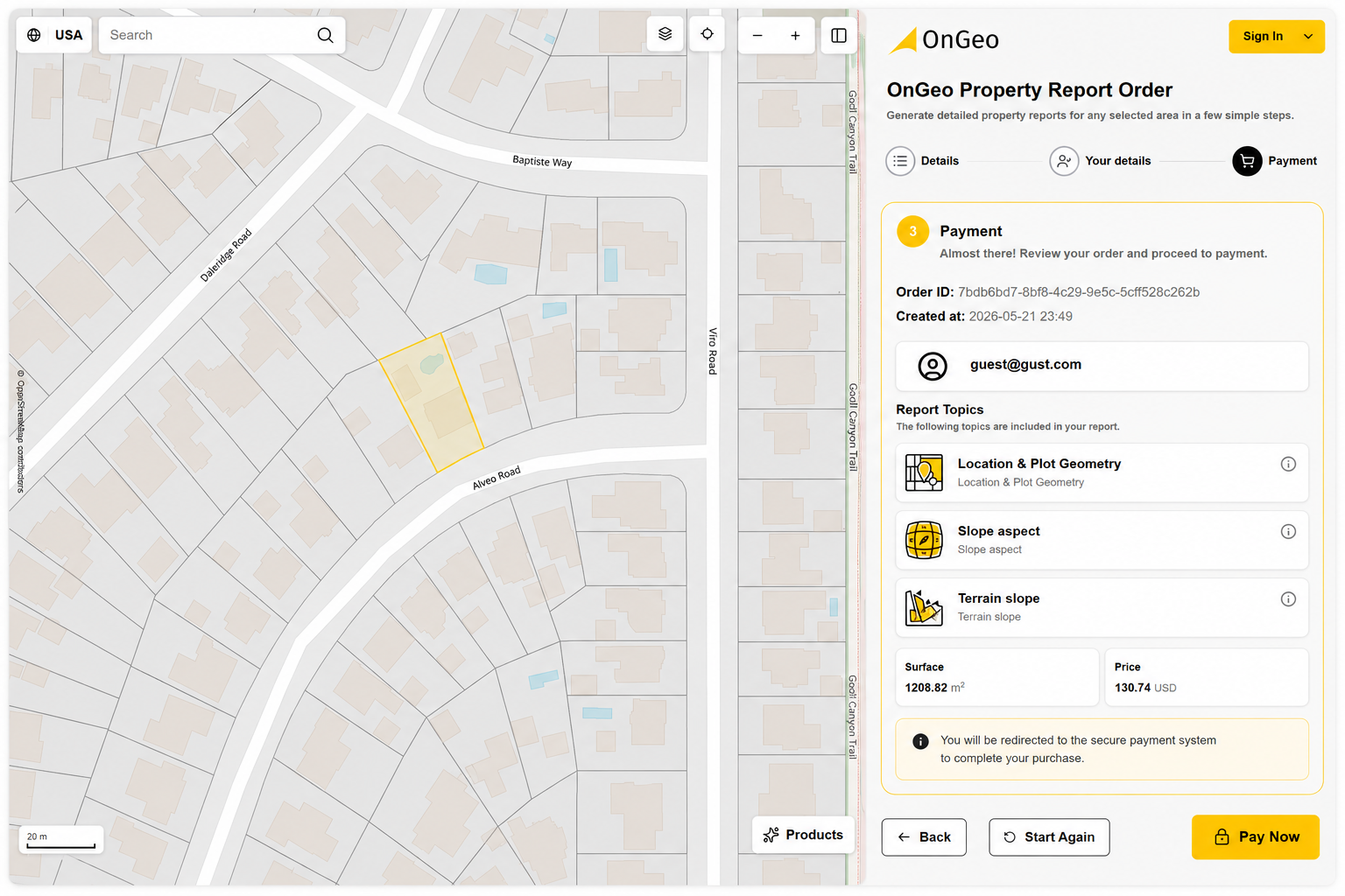 OnGeo payment process screen.