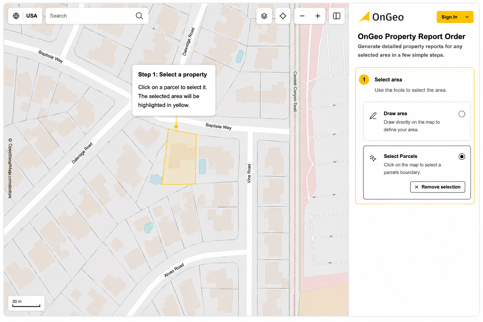 AOI selection in the OnGeo map interface.